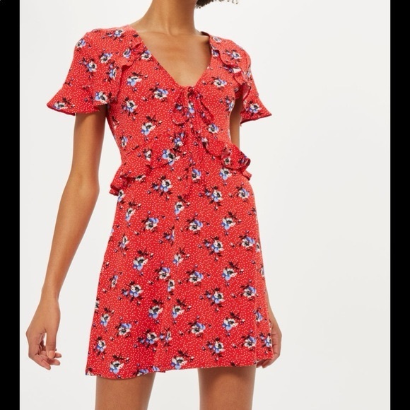 Topshop Red Polka Dot &  Floral VNeck Dress Size 4 EUC - Picture 2 of 7